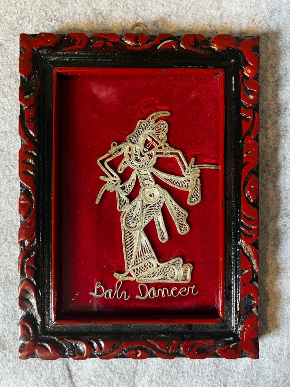 Javanese Balinese Dancer Shadow Puppet Metal Artwork Carved Wood Frame 3x5”